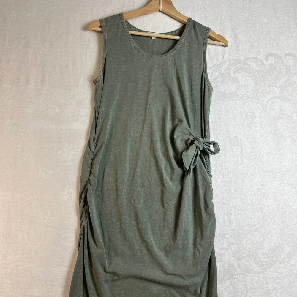 SUNDRY Maxi Dress Size 2 Ruched Side Tie Tank Olive‎ Green Made USA